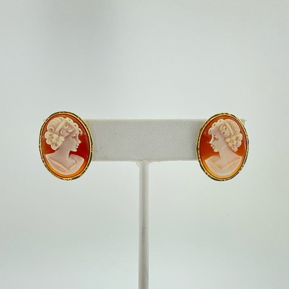 Genuine Cameo & 14K Gold Earrings, Marked 14K 585 and Italy, Hand Carved - Picture 5 of 12